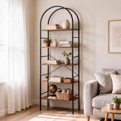 5-Tier Arched Bookcase with Open Wooden Shelves with Metal Frame-Rusticbrown