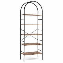 5-Tier Arched Bookcase with Open Wooden Shelves with Metal Frame-Rusticbrown