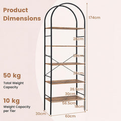 5-Tier Arched Bookcase with Open Wooden Shelves with Metal Frame-Rusticbrown