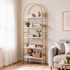 5-Tier Arched Bookcase with Open Wooden Shelves with Metal Frame-White & Gold