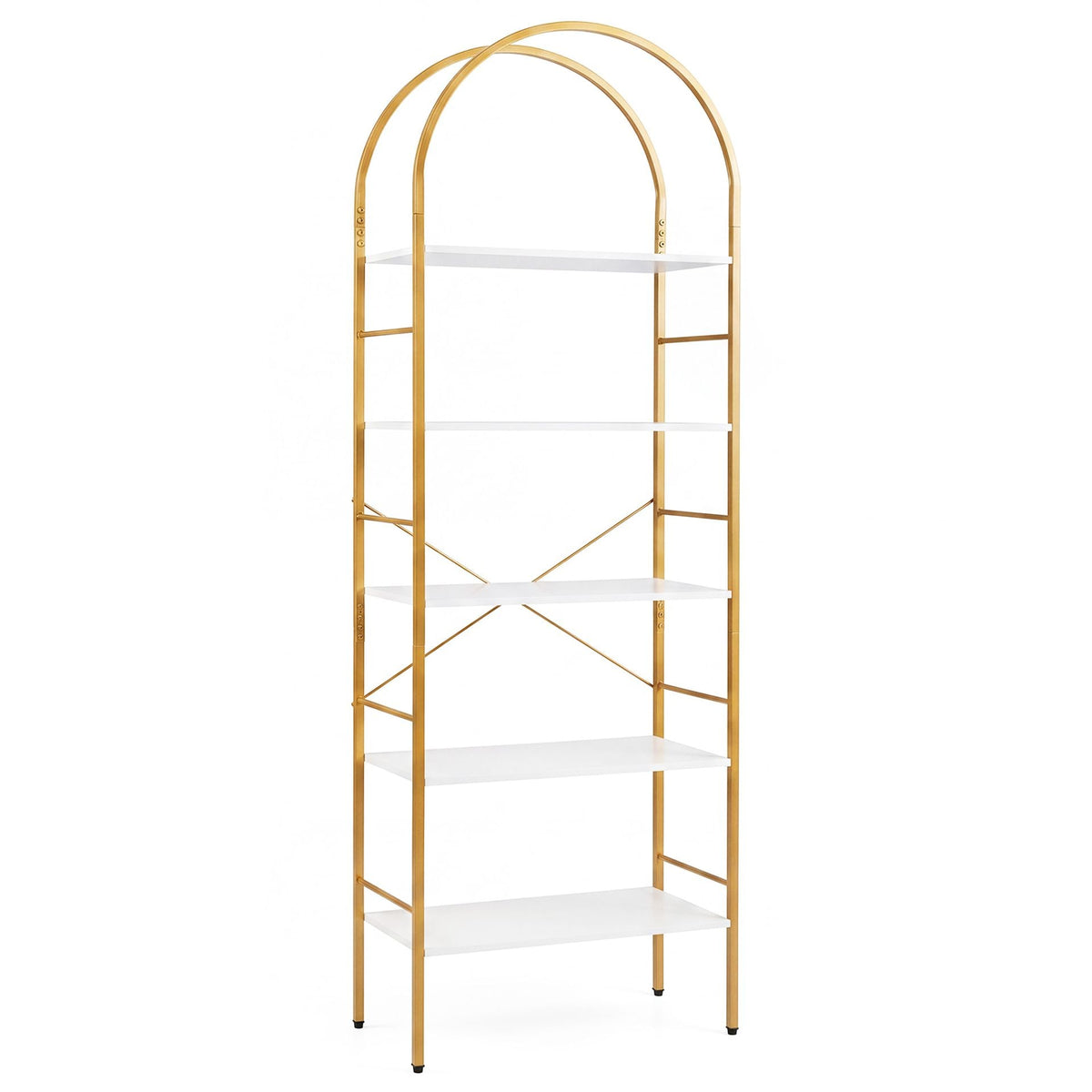 5-Tier Arched Bookcase with Open Wooden Shelves with Metal Frame-White & Gold