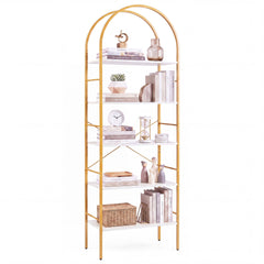 5-Tier Arched Bookcase with Open Wooden Shelves with Metal Frame-White & Gold