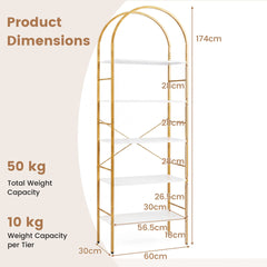 5-Tier Arched Bookcase with Open Wooden Shelves with Metal Frame-White & Gold