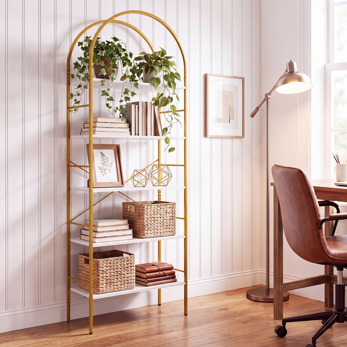5-Tier Arched Bookcase with Open Wooden Shelves with Metal Frame-White & Gold