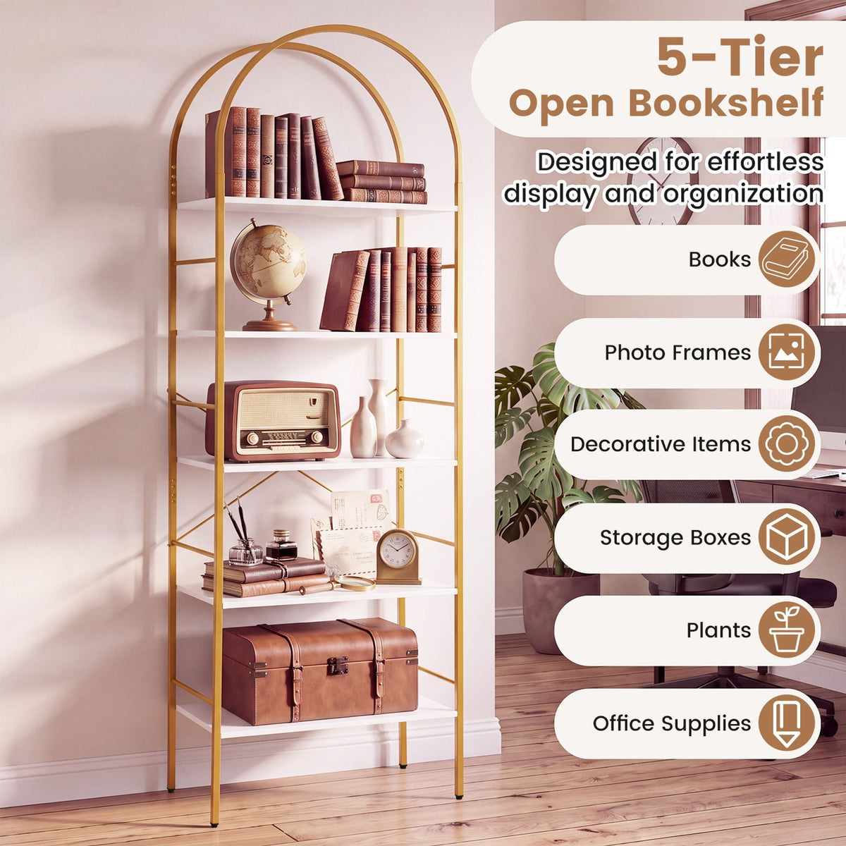 5-Tier Arched Bookcase with Open Wooden Shelves with Metal Frame-White & Gold