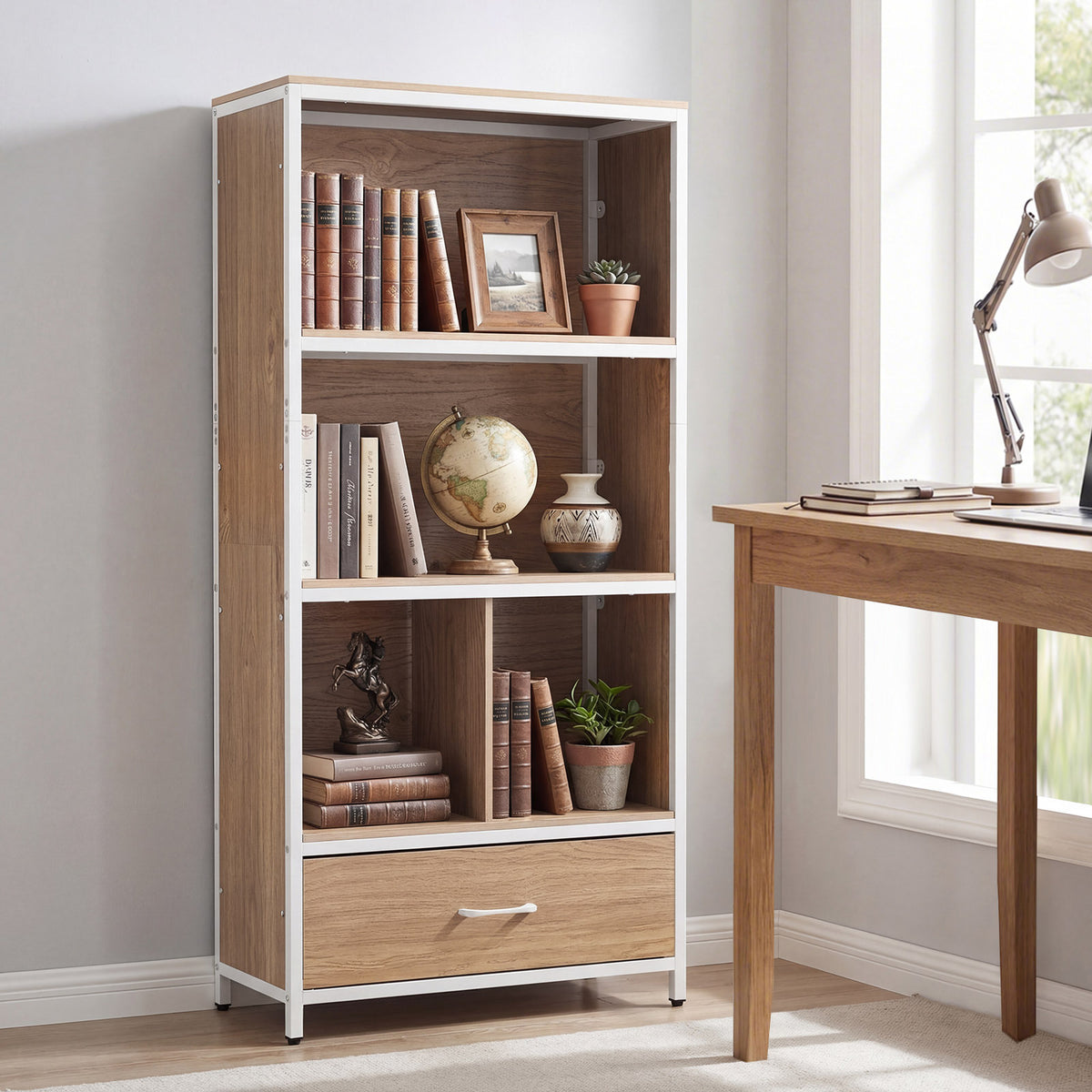 5-Tier Bookshelf Freestanding Bookcase with 4 Storage Compartments-Natural