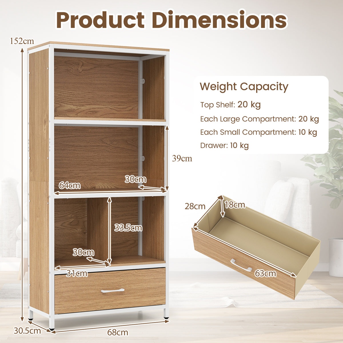 5-Tier Bookshelf Freestanding Bookcase with 4 Storage Compartments-Natural