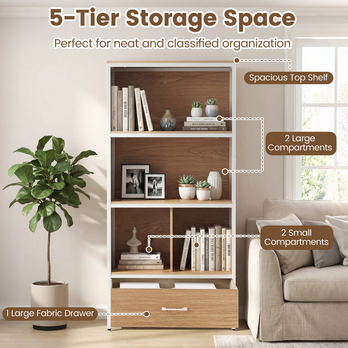 5-Tier Bookshelf Freestanding Bookcase with 4 Storage Compartments-Natural