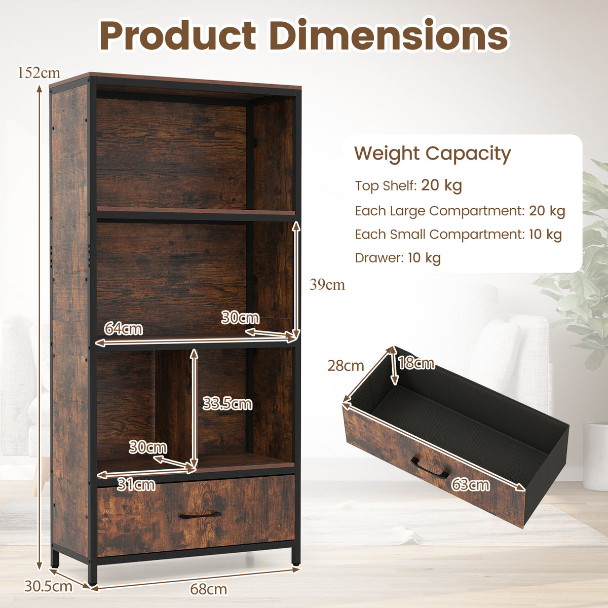 5-Tier Bookshelf Freestanding Bookcase with 4 Storage Compartments-Rustic Brown