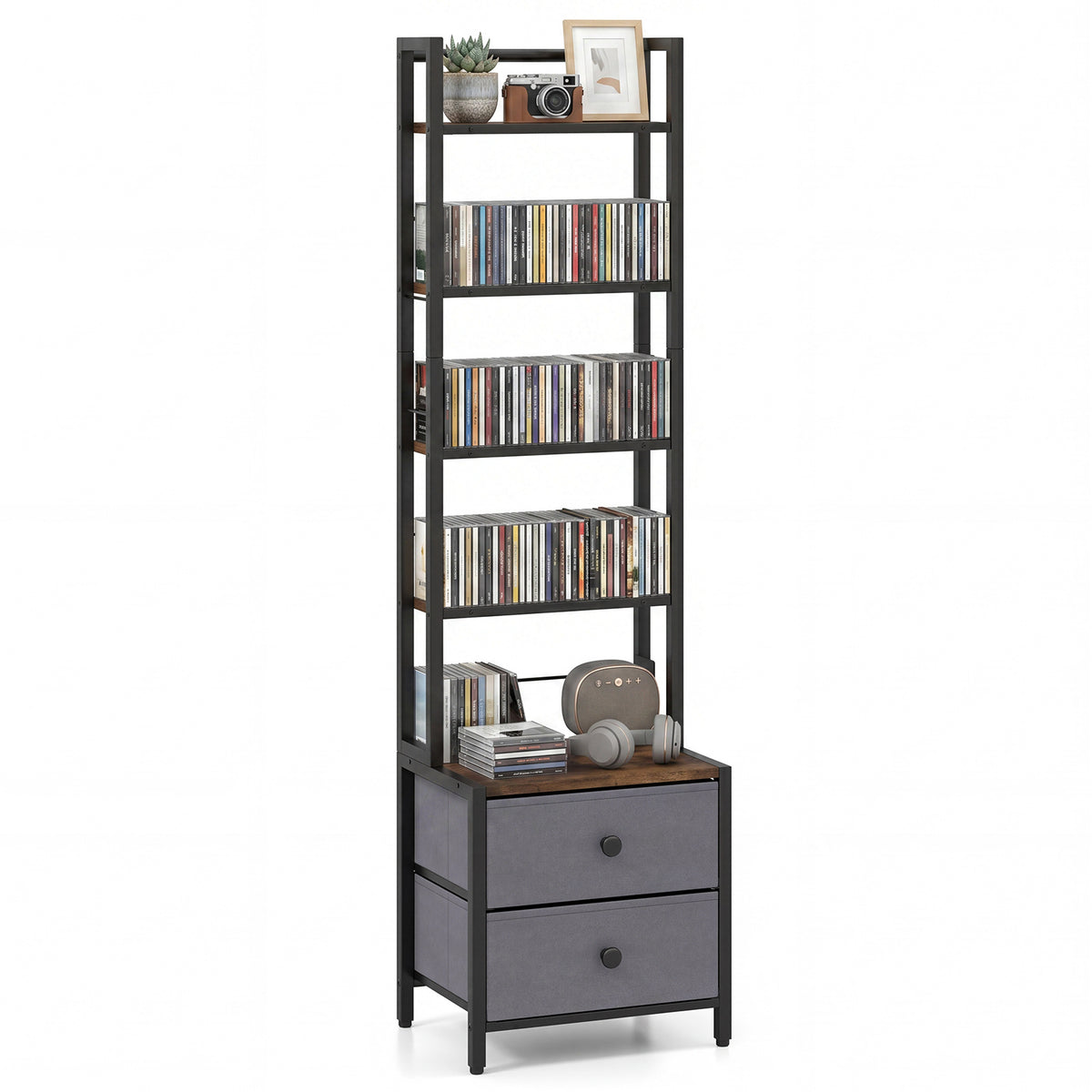 5-Tier CD Storage Rack with Drawers & Adjustable Stoppers for DVDs Books Games-Rustic Brown