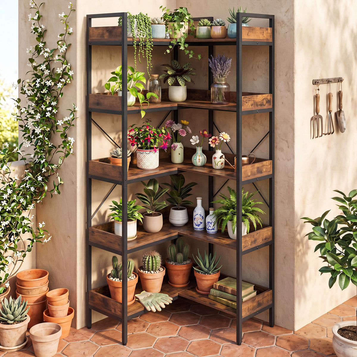 5-Tier Corner Bookshelf with Cross Braces and Anti-Tipping Kits for Home Office-Rustic Brown