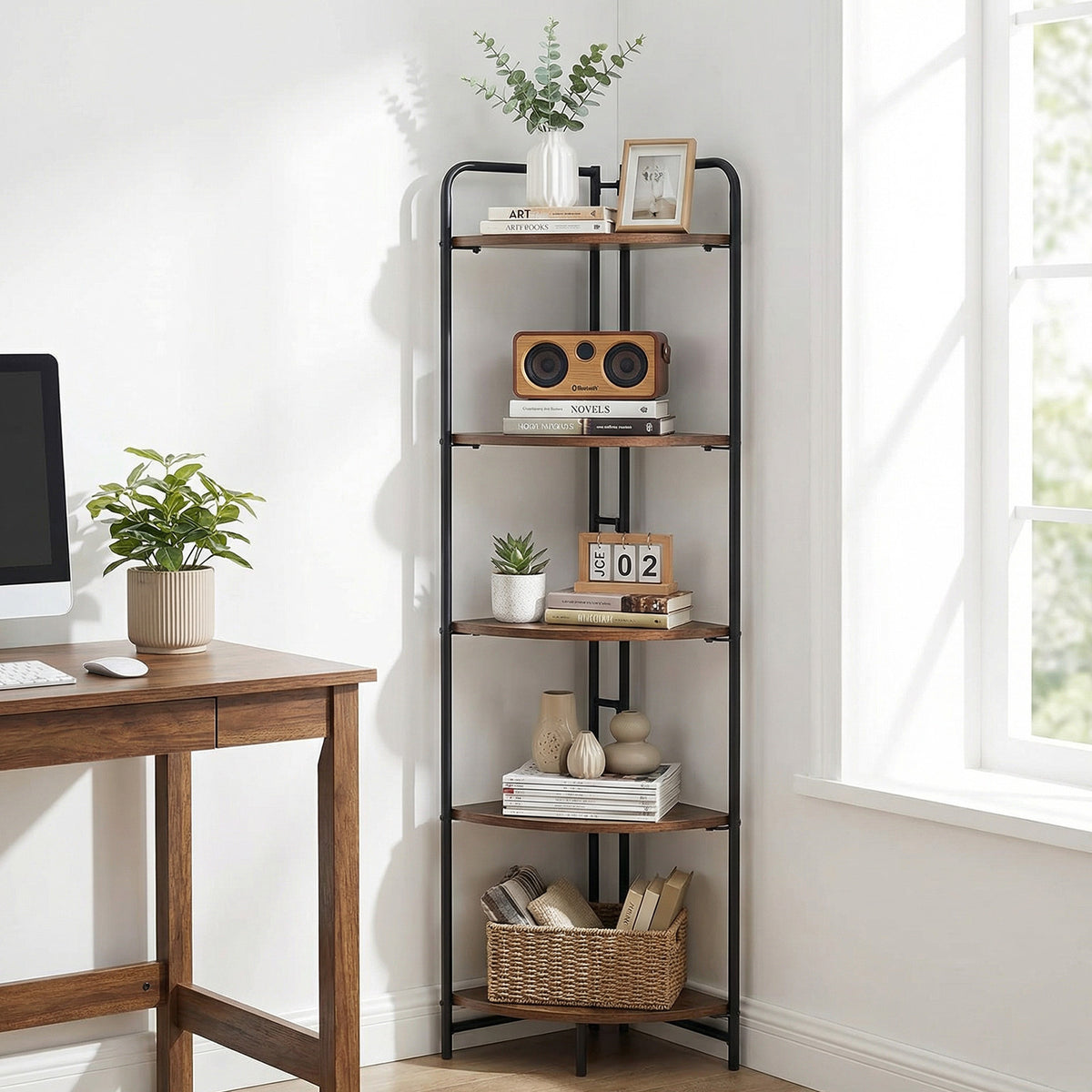 5-Tier Folding Corner Shelf Freestanding Open Display Rack with Heavy-duty Metal Frame-Rustic Brown