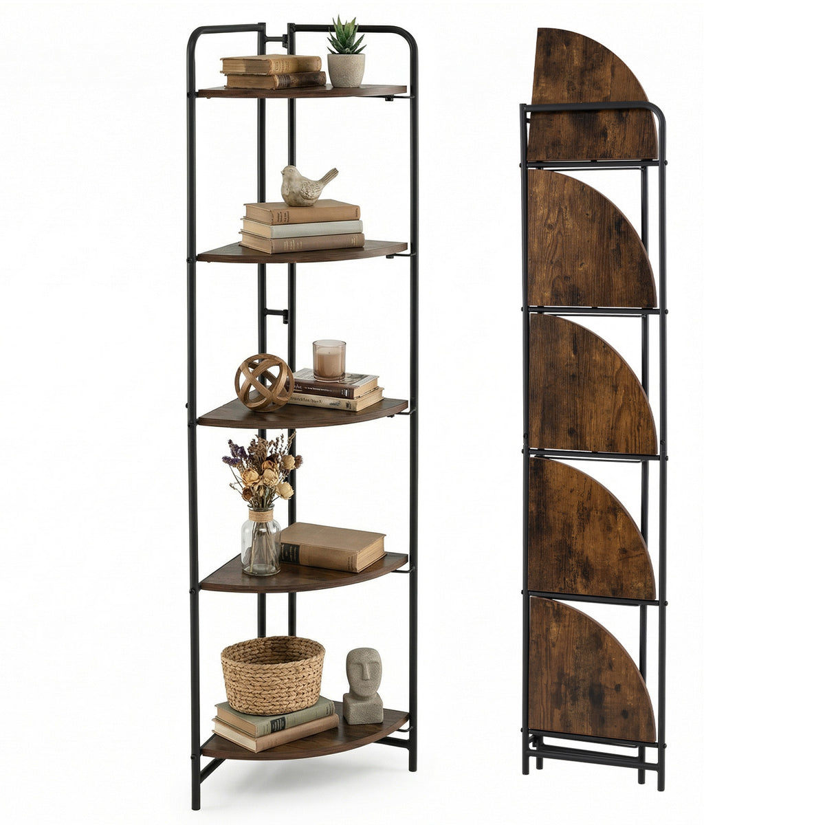 5-Tier Folding Corner Shelf Freestanding Open Display Rack with Heavy-duty Metal Frame-Rustic Brown