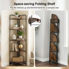 5-Tier Folding Corner Shelf Freestanding Open Display Rack with Heavy-duty Metal Frame-Rustic Brown