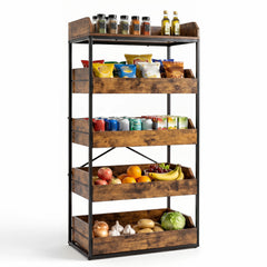 5-Tier Food Storage Rack Retail Snack Display Shelf with 4 Pull-out Drawers-Rustic Brown