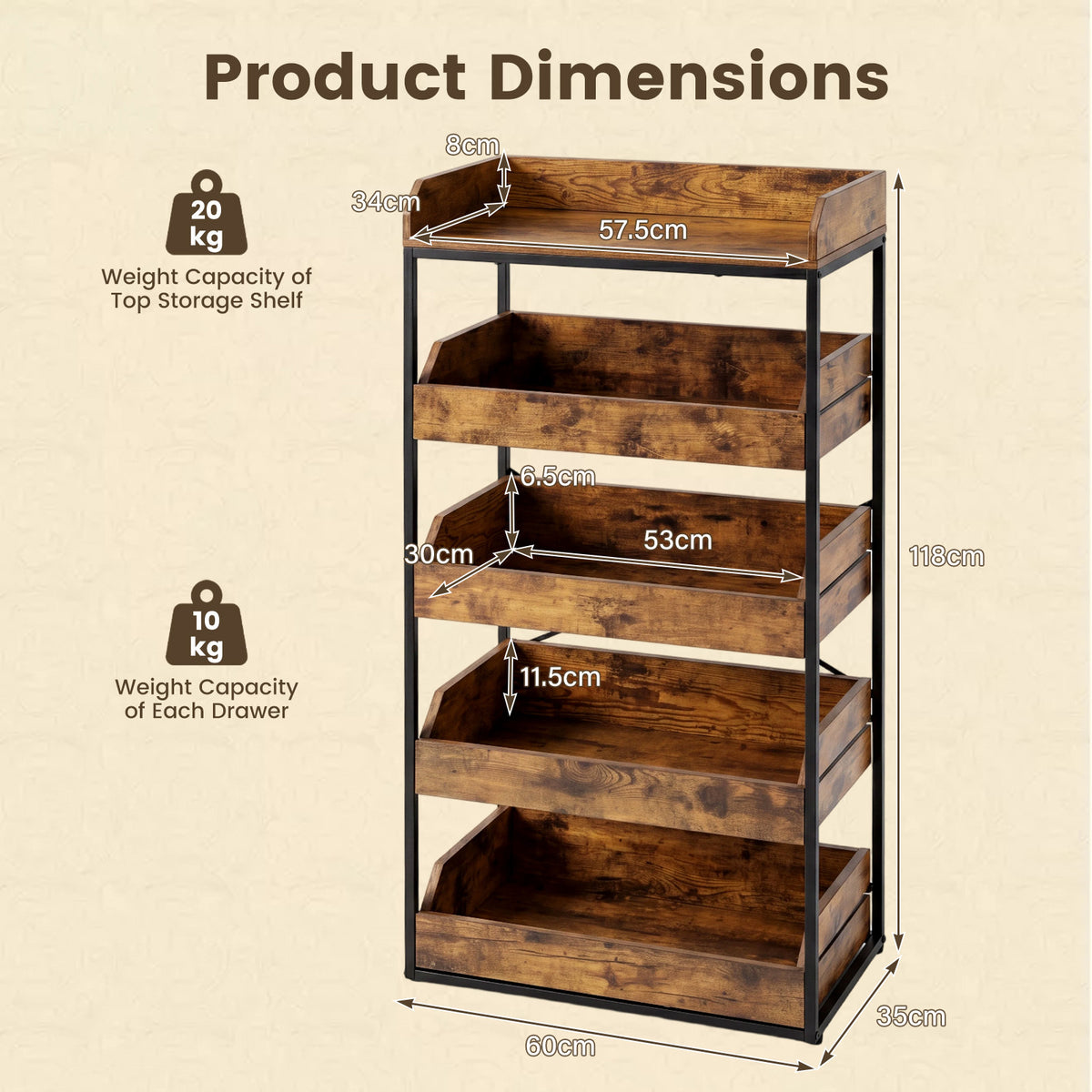 5-Tier Food Storage Rack Retail Snack Display Shelf with 4 Pull-out Drawers-Rustic Brown