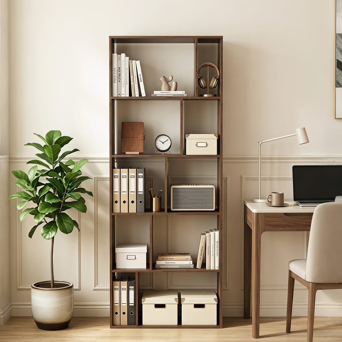 5-Tier Geometric Bookshelf with 10 Open Cubbies-Rustic Brown