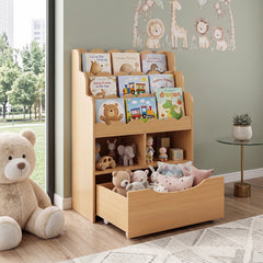 5-Tier Kids Bookshelf with Shelves & Rolling Drawer for Nursery Playroom-Natural