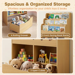 5-Tier Kids Bookshelf with Shelves & Rolling Drawer for Nursery Playroom-Natural