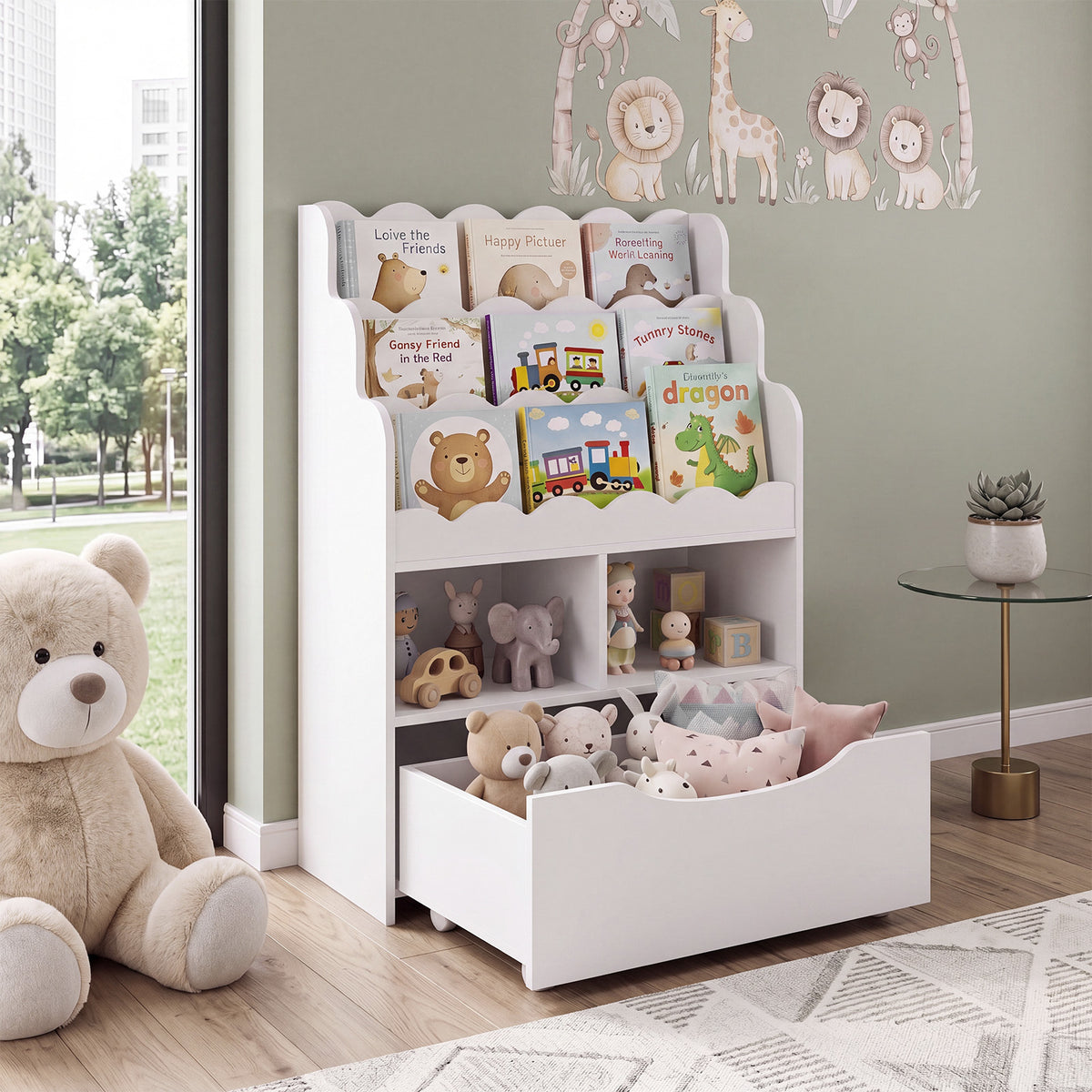 5-Tier Kids Bookshelf with Shelves & Rolling Drawer for Nursery Playroom-White