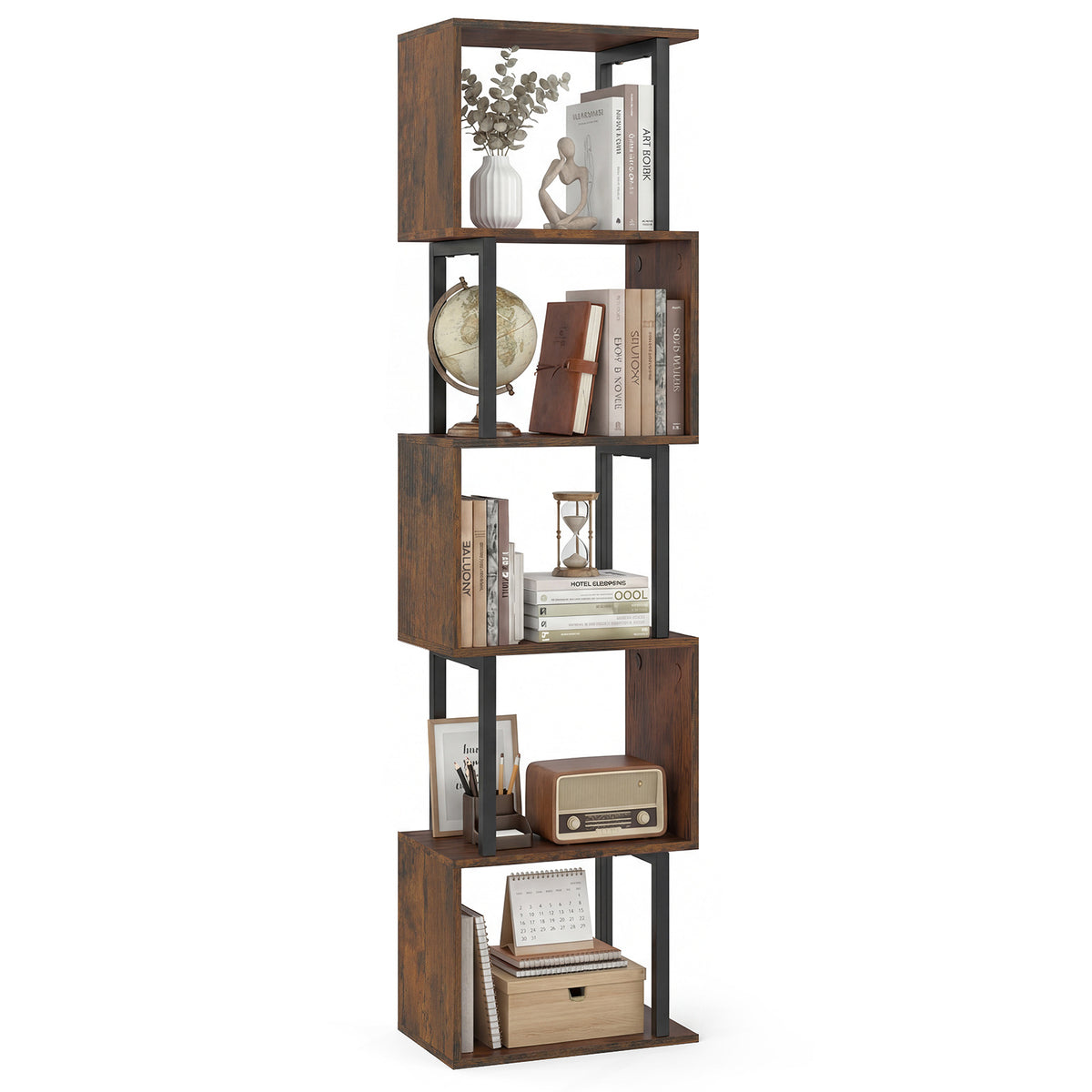 5-Tier Modern Bookshelf with Metal Frame for Home Office-Rustic Brown