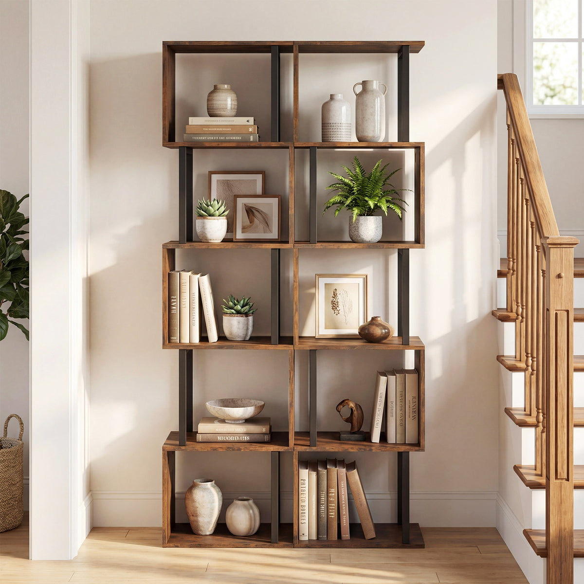 5-Tier Modern Bookshelf with Metal Frame for Home Office-Rustic Brown