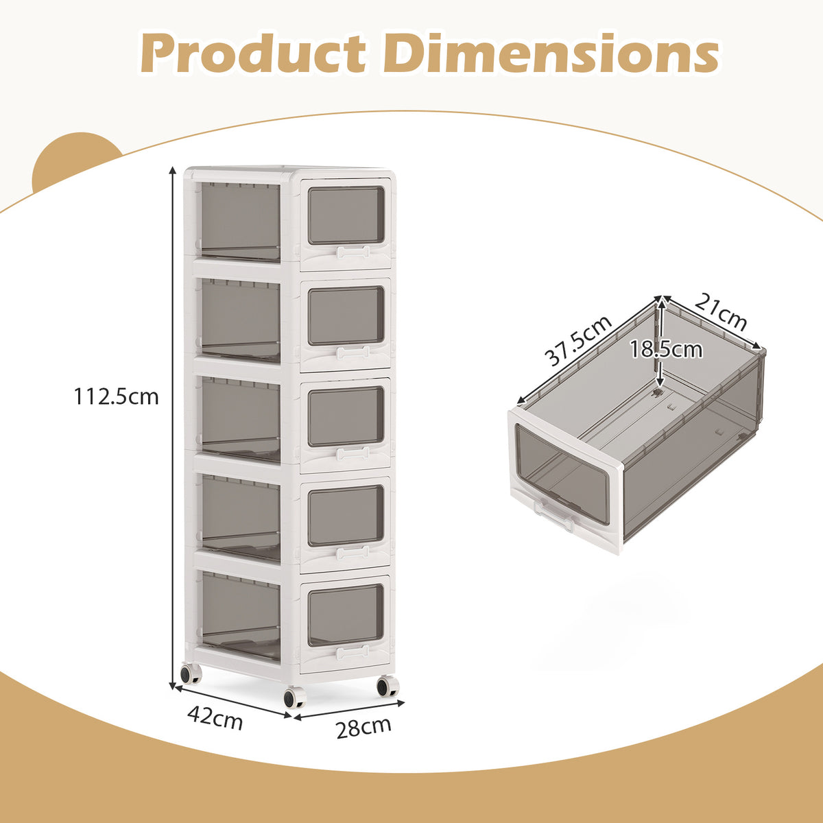 5-Tier Plastic Drawer Storage Organizer Rolling Cart with 5 Drawers