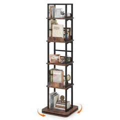 5-Tier Rotating Bookshelf Tower with 360° Spin & Side Rails for Small Spaces-Rustic Brown