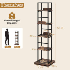 5-Tier Rotating Bookshelf Tower with 360° Spin & Side Rails for Small Spaces-Rustic Brown