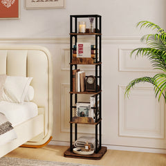 5-Tier Rotating Bookshelf Tower with 360° Spin & Side Rails for Small Spaces-Rustic Brown