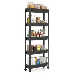5-Tier Slim Rolling Storage Cart with Smooth Wheels for Kitchen-Black