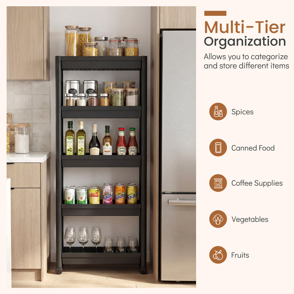 5-Tier Slim Rolling Storage Cart with Smooth Wheels for Kitchen-Black