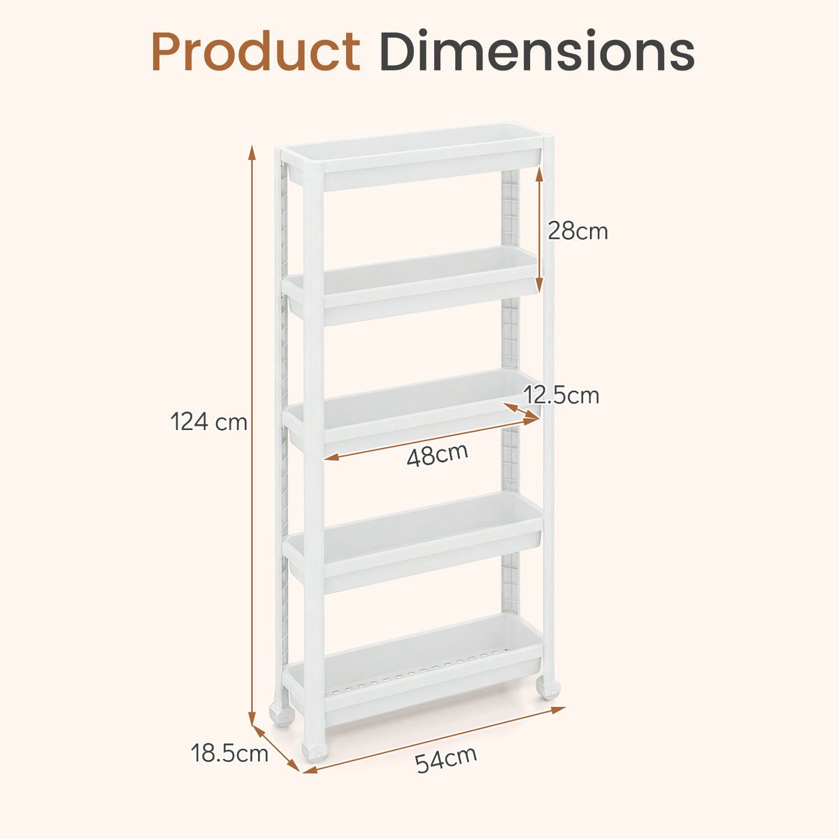5-Tier Slim Rolling Storage Cart with Smooth Wheels for Kitchen-White