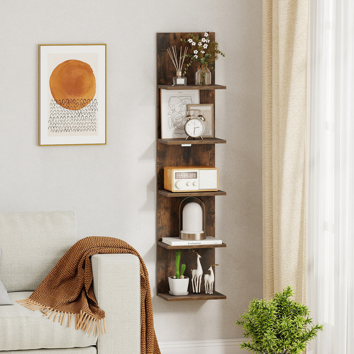 5-Tier Wall Shelves Vertical Floating Storage Shelf Unit-Rustic Brown
