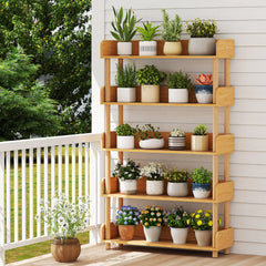 5-Tier Wooden Bookshelf with Sturdy Pine Wood Posts and Elevated Guardrails for Living Room-Natrual
