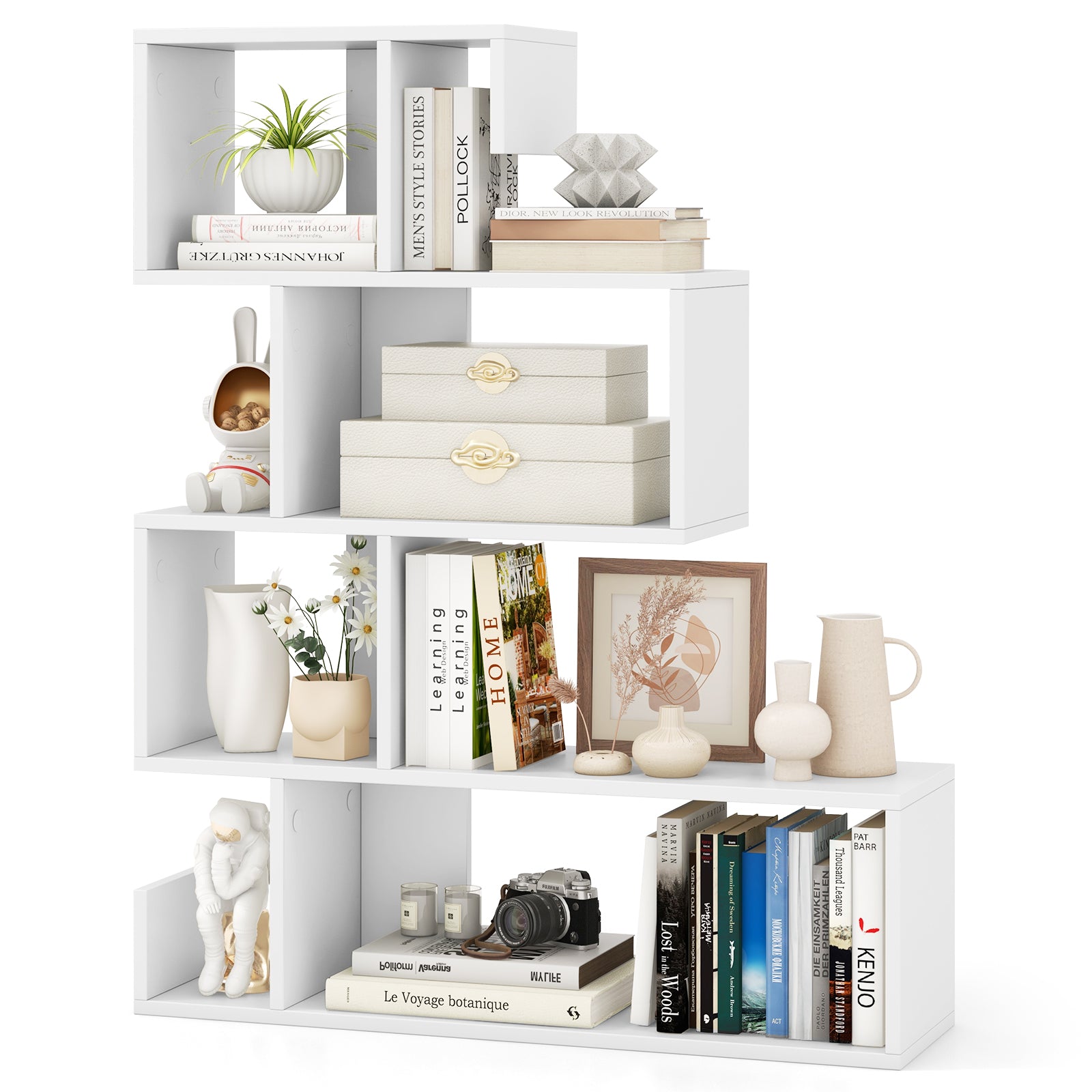5-Tier S-Shaped Bookshelf with Open Cubes and Anti-Toppling Kits-White
