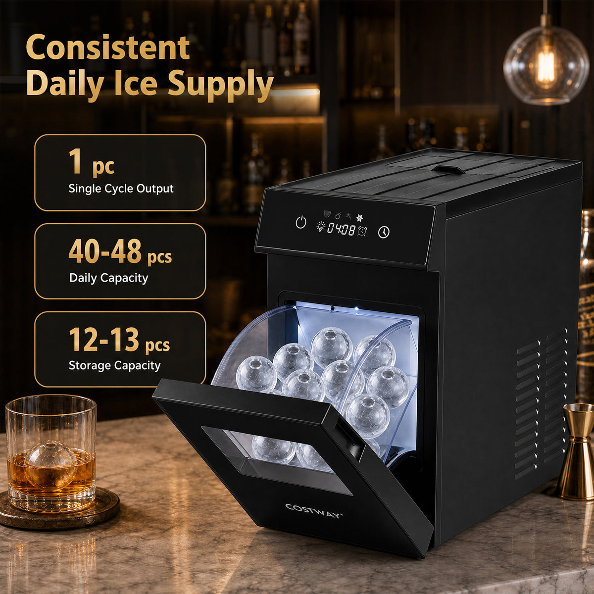 5 cm Ice Ball Maker with Self-Cleaning and 8H Timer for Whiskey Bourbon-Black