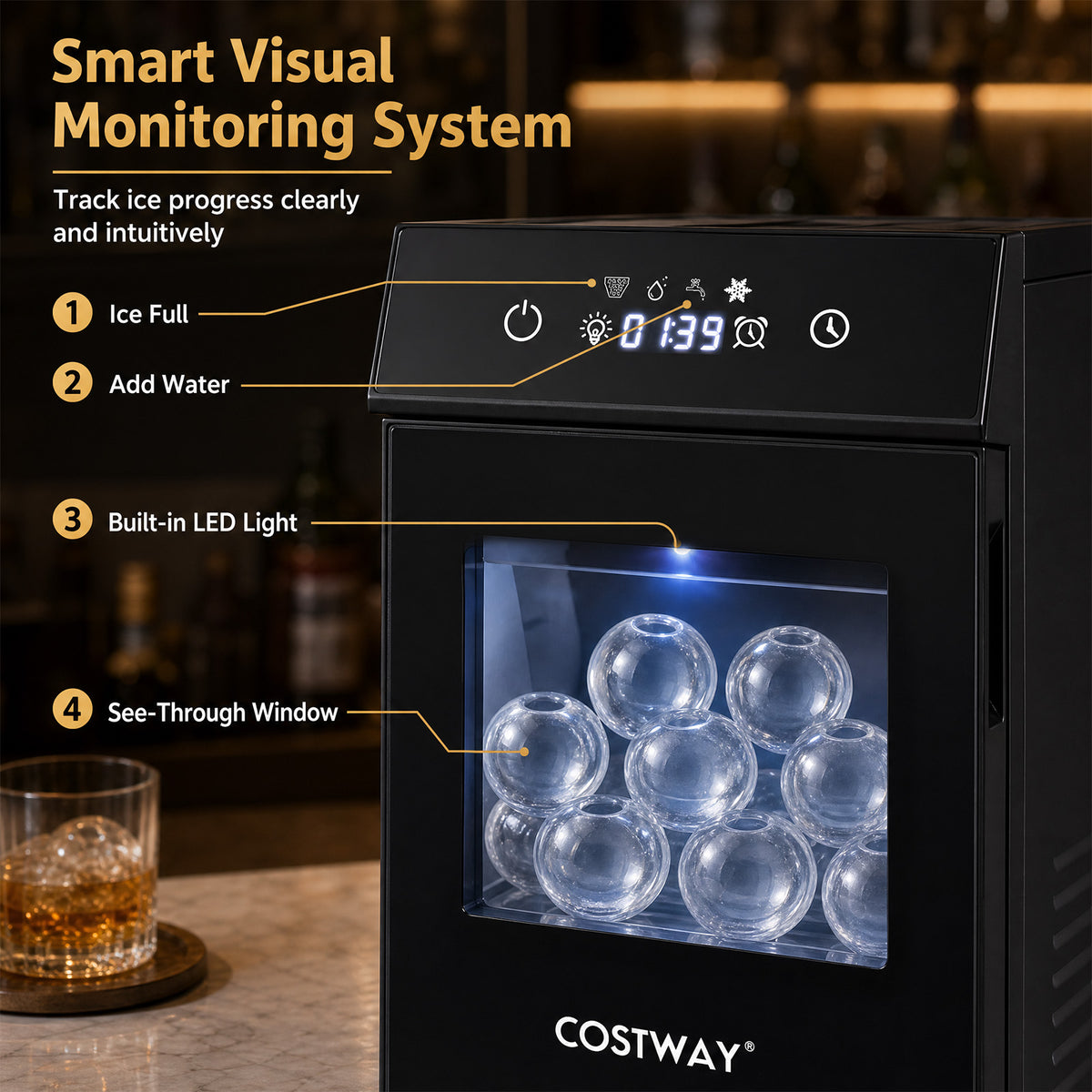 5 cm Ice Ball Maker with Self-Cleaning and 8H Timer for Whiskey Bourbon-Black