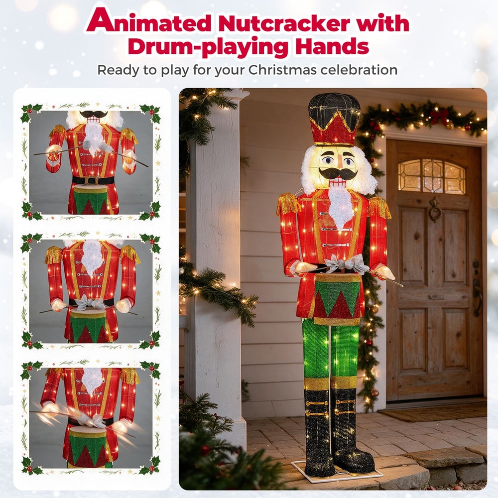 5 ft Lighted Animated Christmas Nutcracker with Playing Hands and 100 Warm White LED Lights
