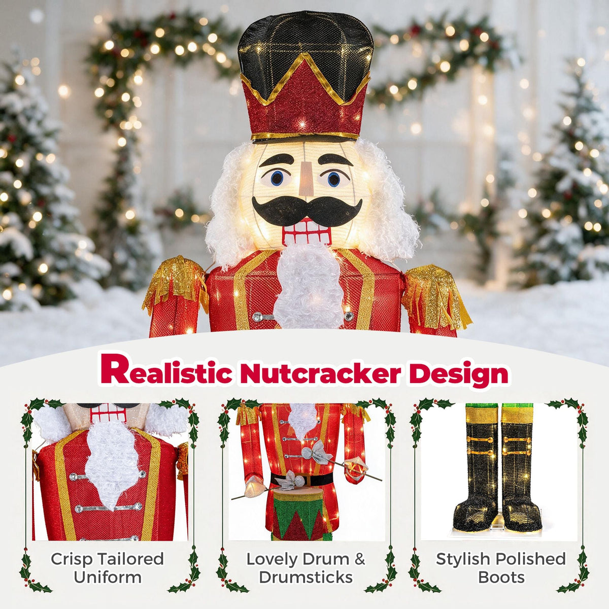 5 ft Lighted Animated Christmas Nutcracker with Playing Hands and 100 Warm White LED Lights