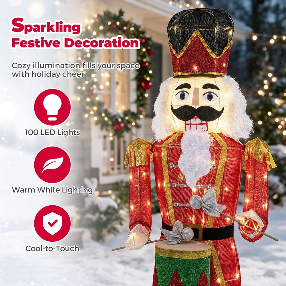 5 ft Lighted Animated Christmas Nutcracker with Playing Hands and 100 Warm White LED Lights