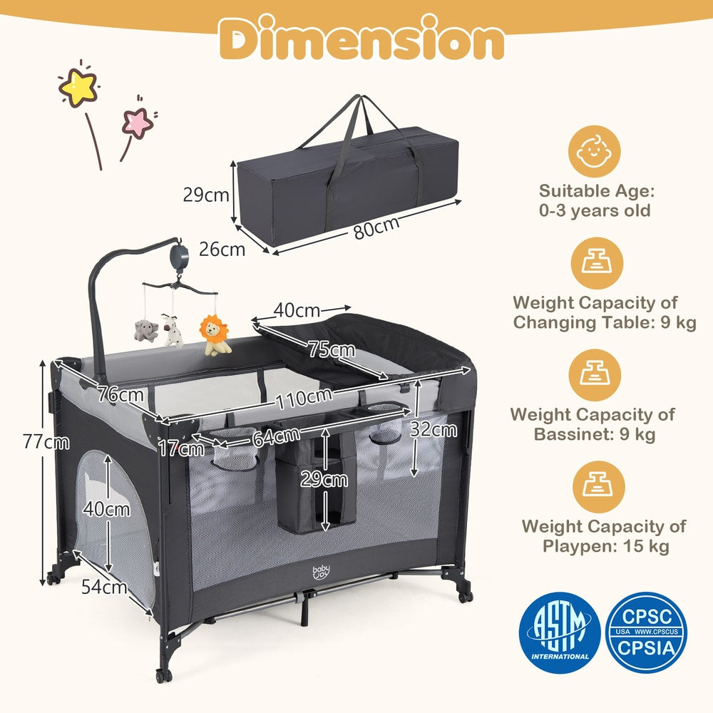 The infant bed with dimension labels and safety certification icons
