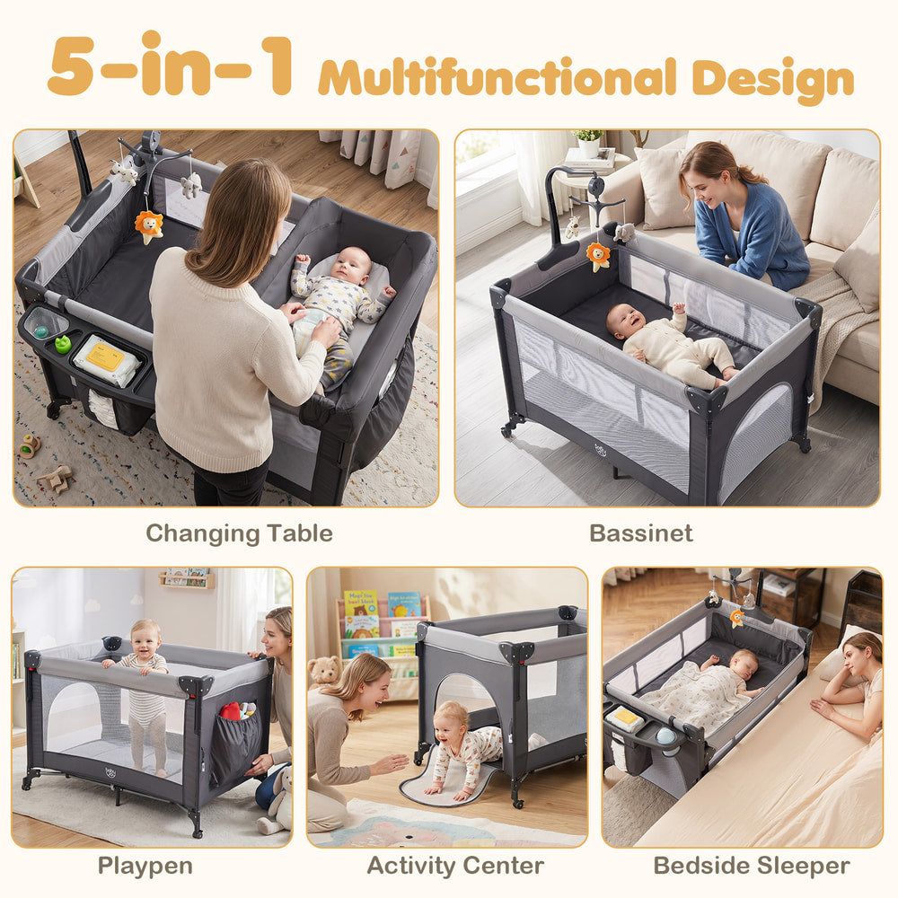 The bedside sleeper shown in five different configurations with babies and parents