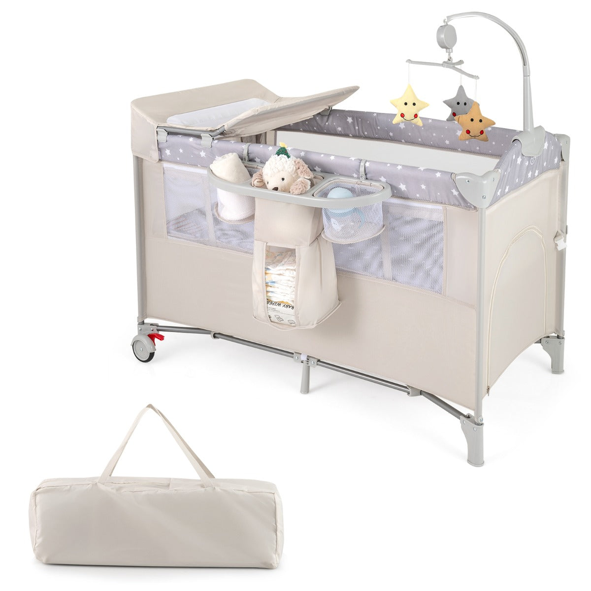 5-In-1 Baby Bassinet Crib Bedside Sleeper Nursery Center in beige with changing top and mobile
