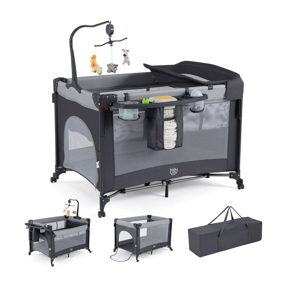 5 in 1 Baby Pack shown with changing table, toy mobile, storage rack and a carry bag