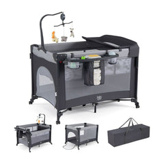 5 in 1 Baby Pack shown with changing table, toy mobile, storage rack and a carry bag