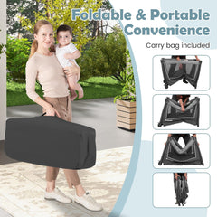 5-in-1 Foldable Pack and Play with Removable Bassinet being carried in its storage bag by a woman holding a baby