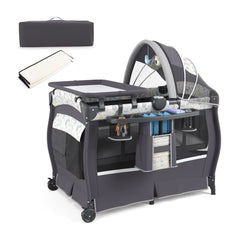 5 in 1 Portable Pack and Play with a changing table, canopy, storage organiser and carry bag