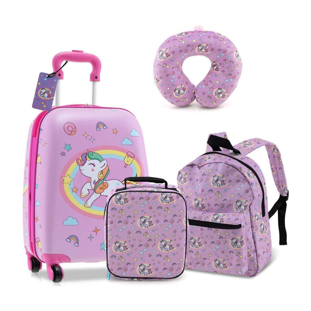 5 Piece Kids Luggage Set featuring a unicorn suitcase, backpack, lunch bag, neck pillow and luggage tag