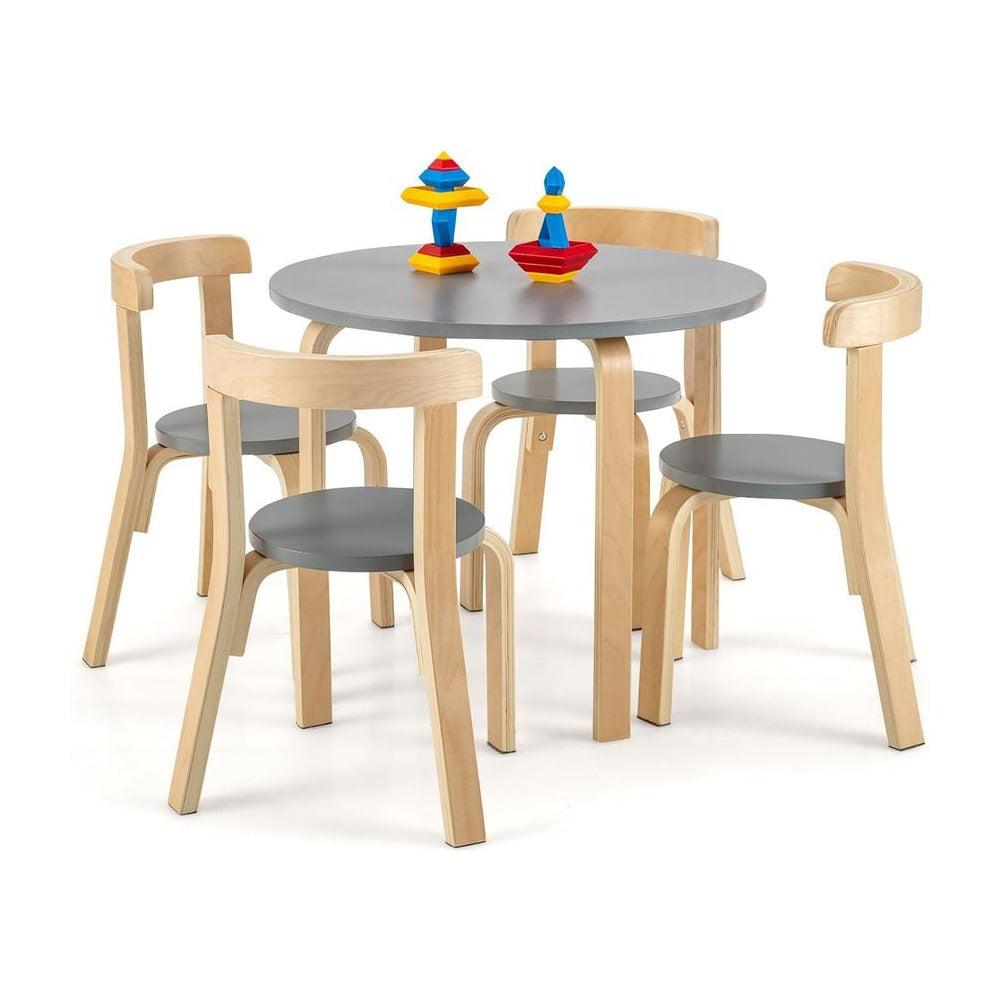 5 Pieces Kids Bentwood Curved Back Table and Chair Set in grey with four chairs around it